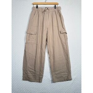 Boho Earthy Womens Tan Linen Blend Wide Leg Cargo Pants Sz L Elastic Waist Draw